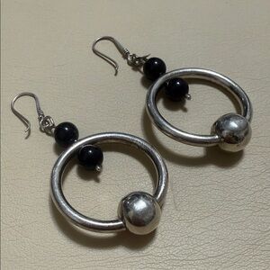 Sterling Silver 925 Black Dangling Hoop Earrings